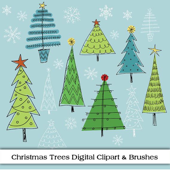 Christmas Tree Digital Clipart  Doodle Sketches Of Trees And Snowflak    