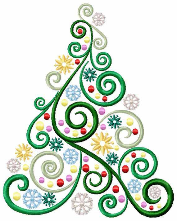 Christmas Tree Machine Embroidery Design   Swirls Stars And Balls