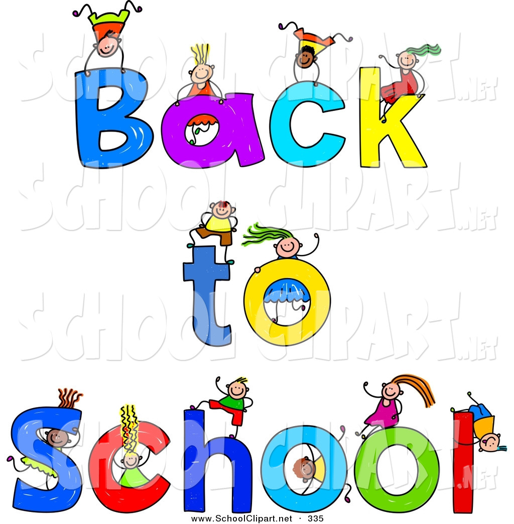 Clip Art Of Stick Figure Children Playing On Back To School Text By