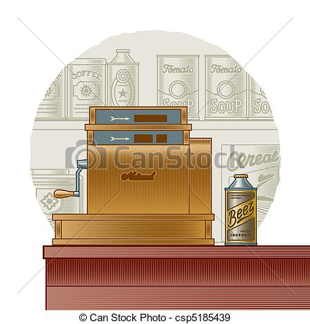 Eps Vectors Of Retro Cash Register On A Food Background In Woodcut