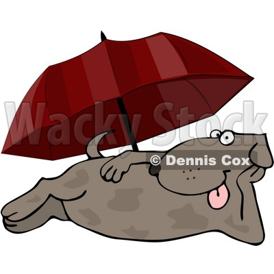 Happy Summertime Dog Laying At The Beach Under An Umbrella Clipart    