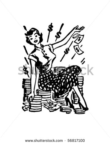 Lady On Pile Of Cash   Retro Clip Art Stock Vector Illustration
