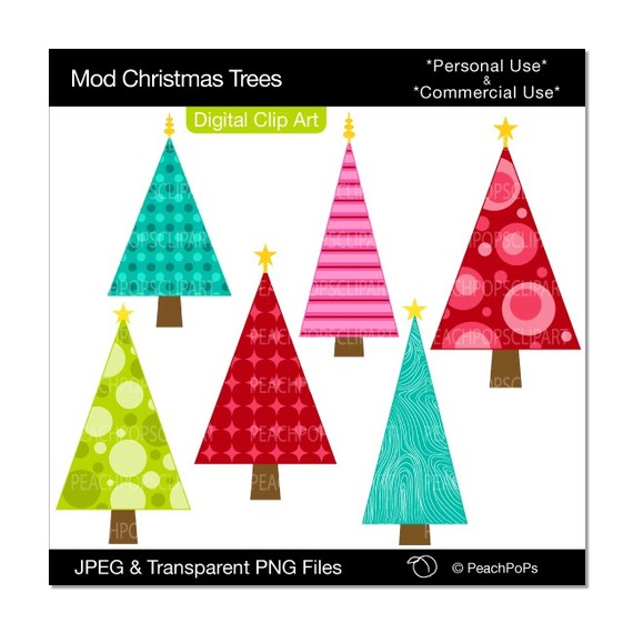 Mod Christmas Trees   Digital Clip Art   Set Of 6 Design Elements    