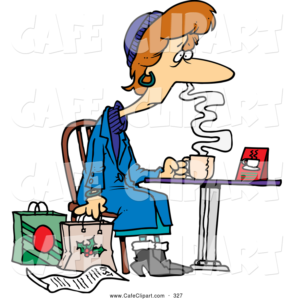 Of A Exhausted Cartoon Tired Christmas Shopper Drinking Clipart