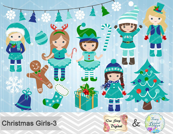     Teal Blue Green Christmas Girls Clipart Christmas Tree Snowflake