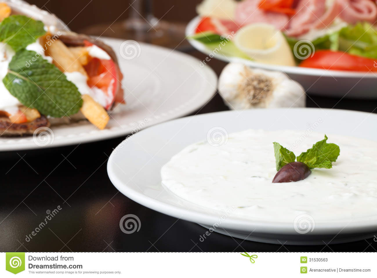 Traditional Gyro Sandwich With Meat Tzatziki Sauce Tomato Onions And    