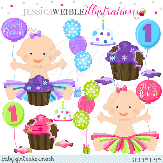 Baby Girl Cake Smash Cute Digital Clipart For By Jwillustrations
