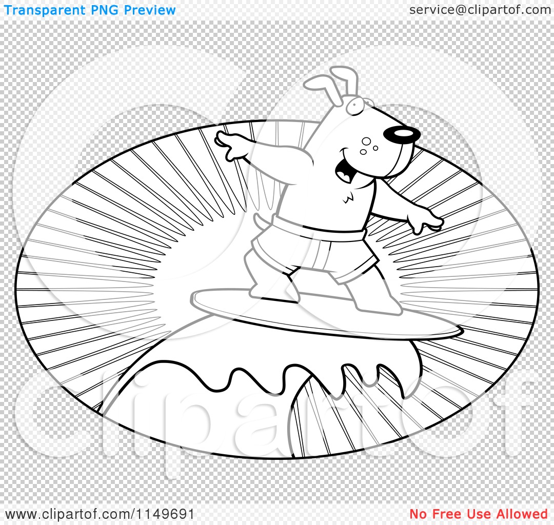 Cartoon Clipart Of A Black And White Surfer Dog Riding A Wave At