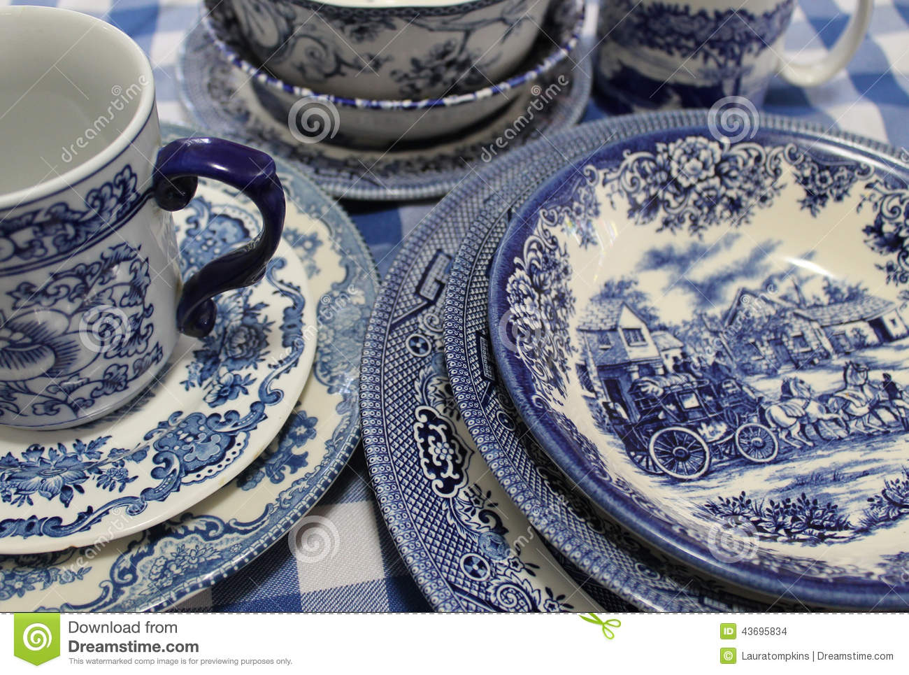 Collection Of Mismatched Classic Blue And White China Dishes  Cobalt