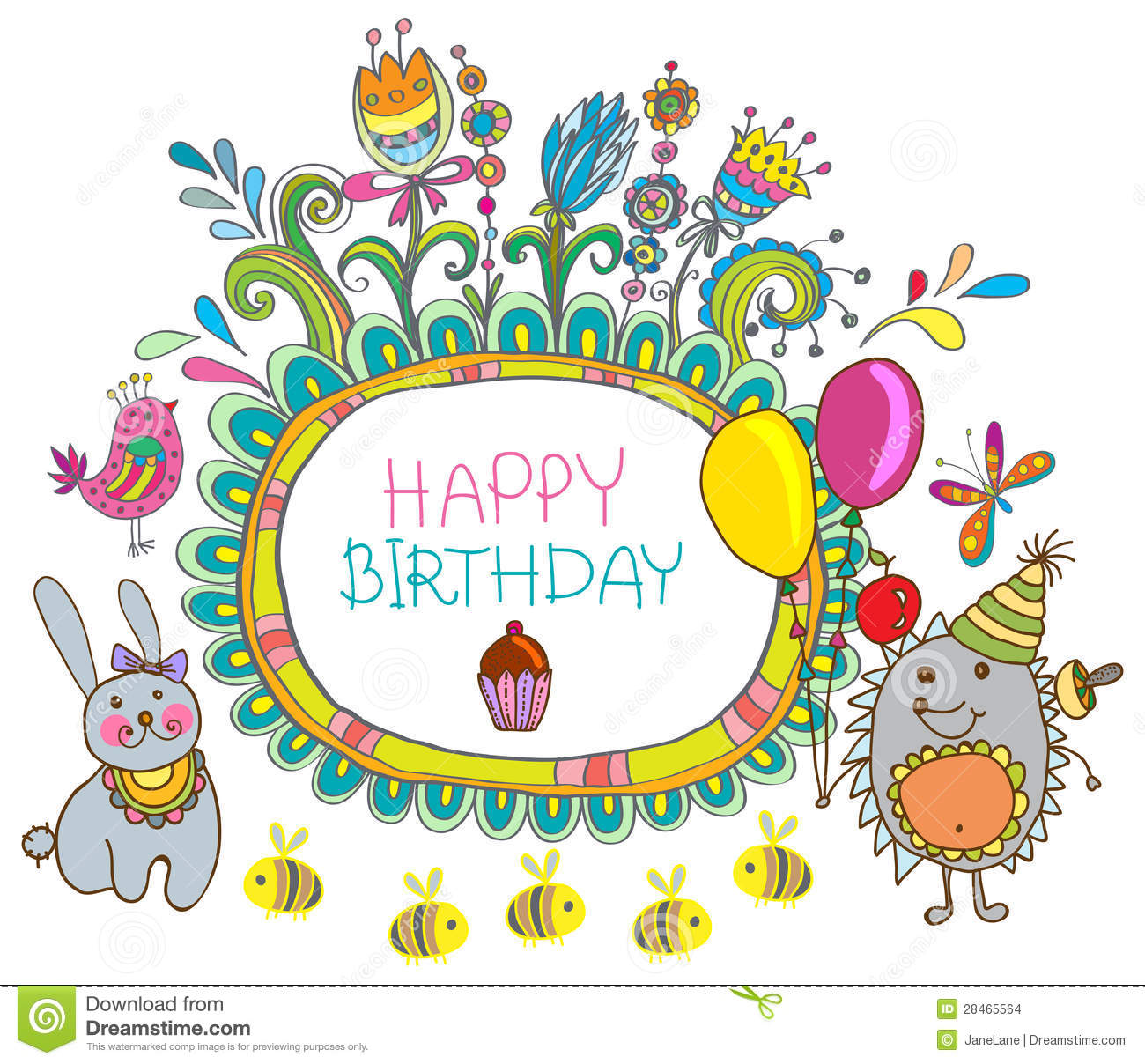 Happy Birthday Card Funny Cartoon Set With Hedgehog And Hare 