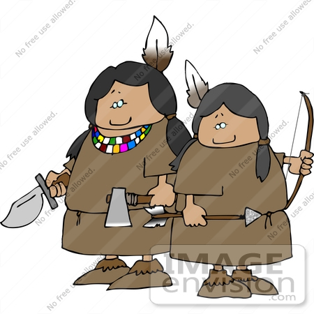 Native American Indian Women Warriors With A Knife Hatchet Bow And