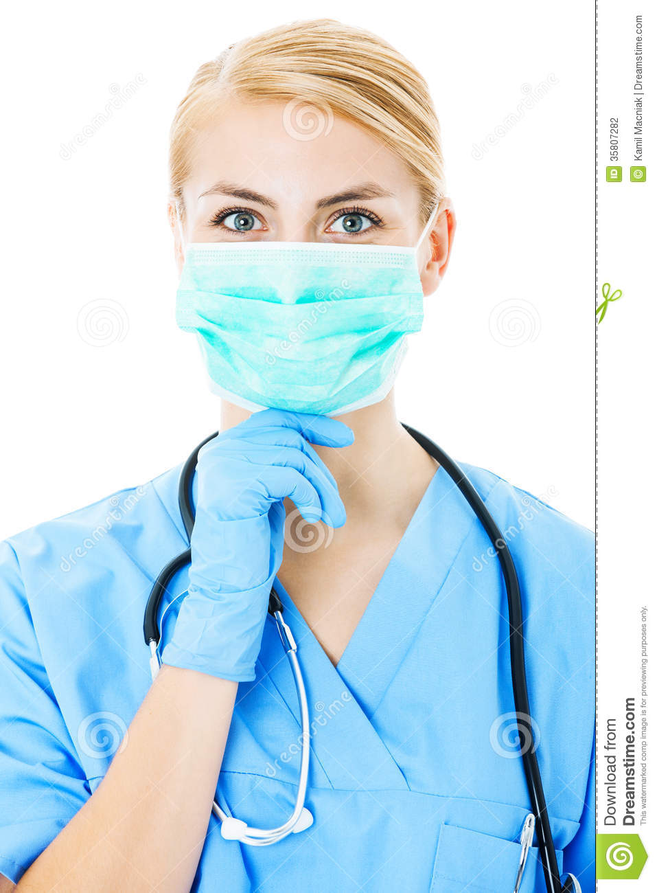 Nurse Wearing Surgical Mask Over White Background Stock Photography    