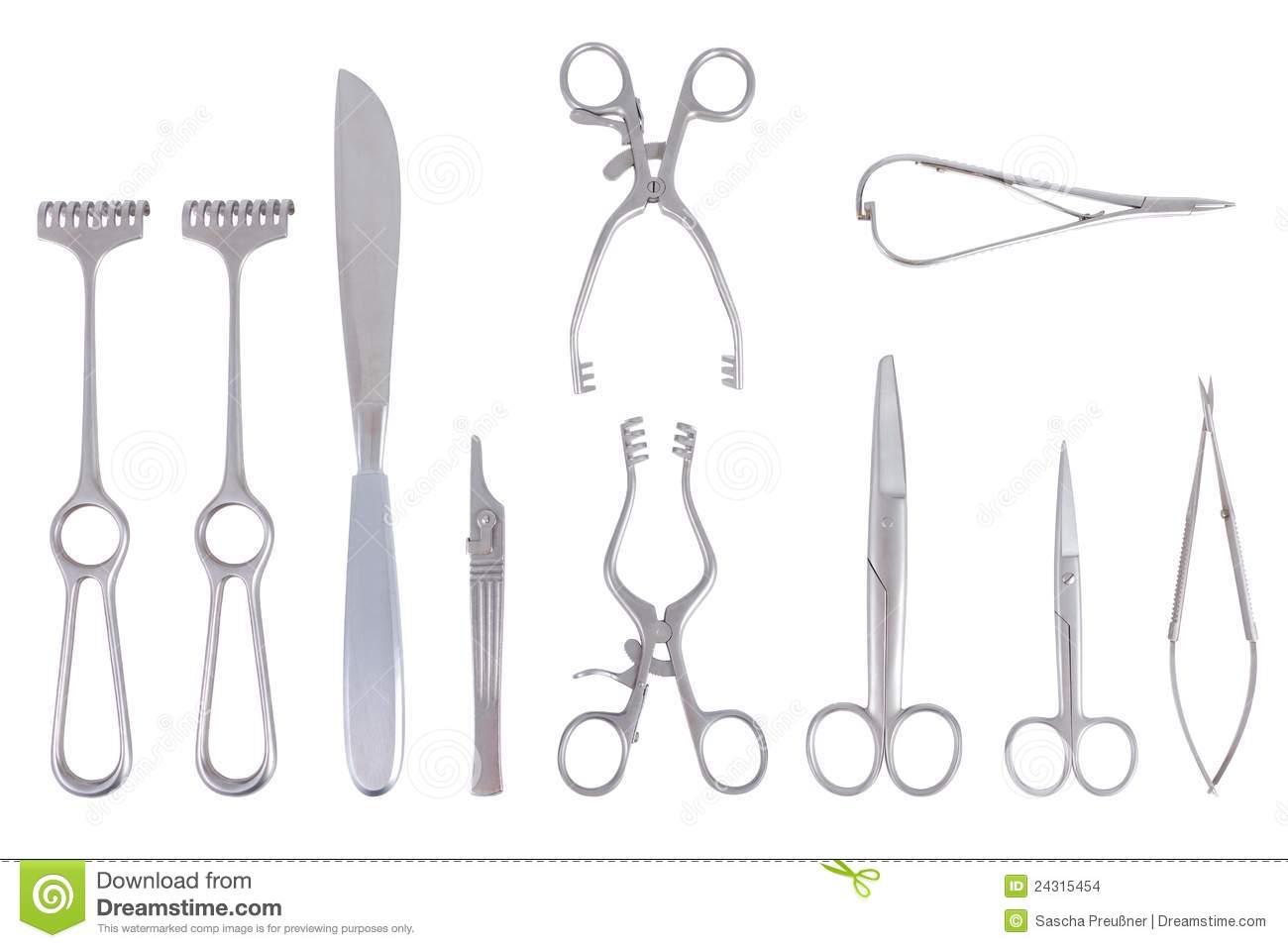 Surgical Instruments With Different Scalpels Scissors And Spreader