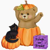 Teddy Bear In Halloween Pumpkin With Black Cat