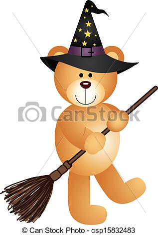 Vector   Halloween Teddy Bear With Broom   Stock Illustration Royalty