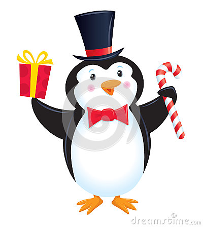 Cartoon Illustration Of A Penguin In A Top Hat And Bow Tie Holding A