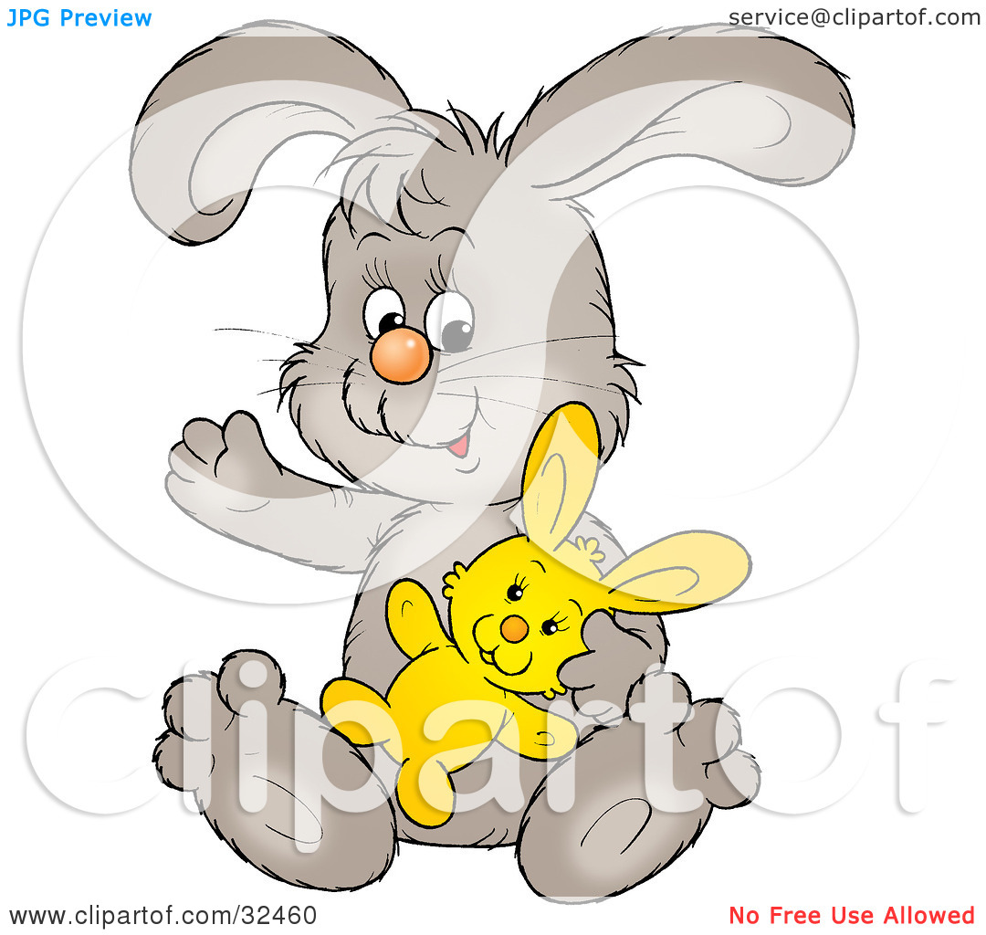 Clipart Illustration Of A Friendly Gray Bunny Sitting With A Stuffed