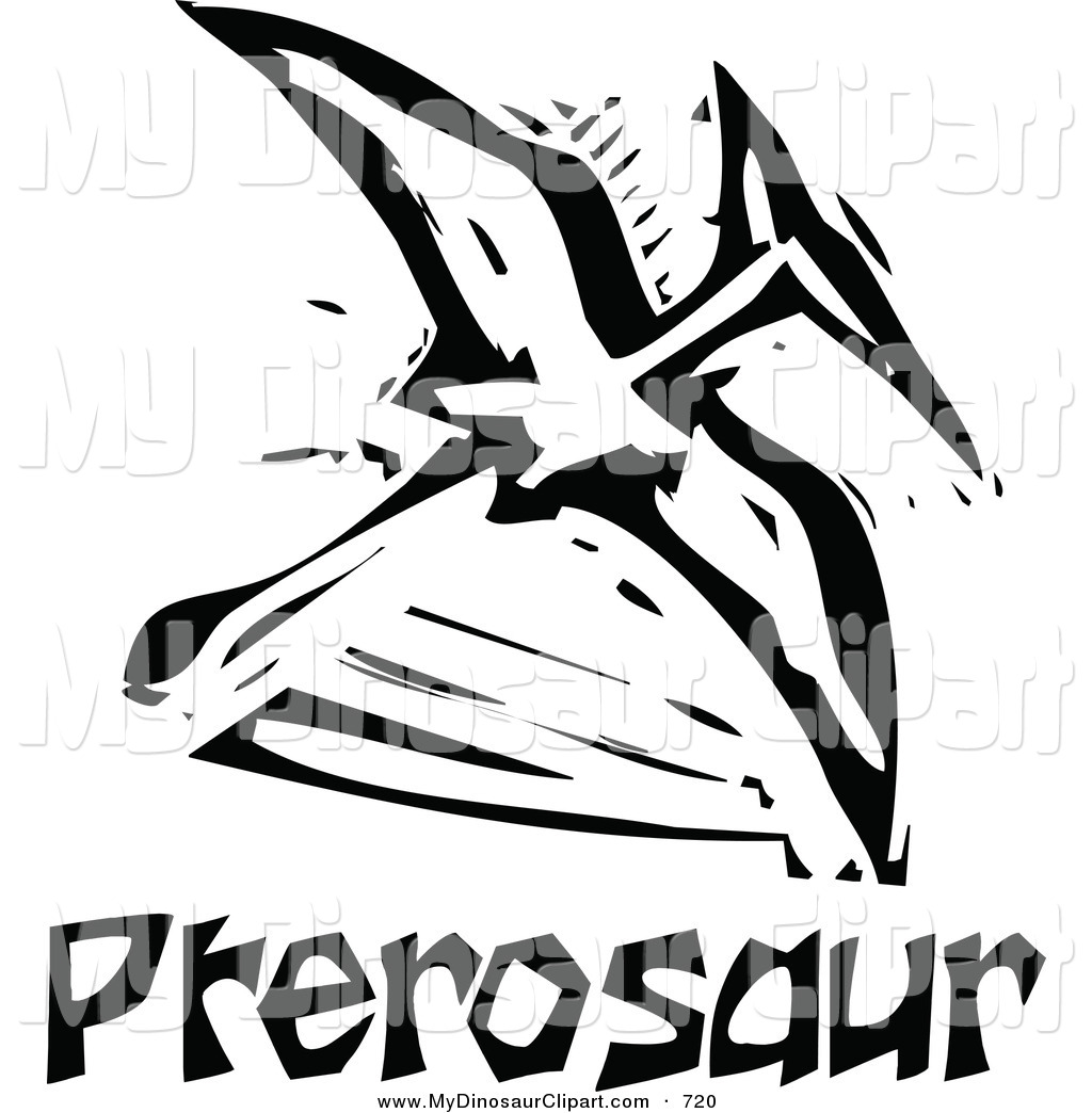     Clipart Of A Black And White Woodcut Styled Flying Pterosaur Dinosaur