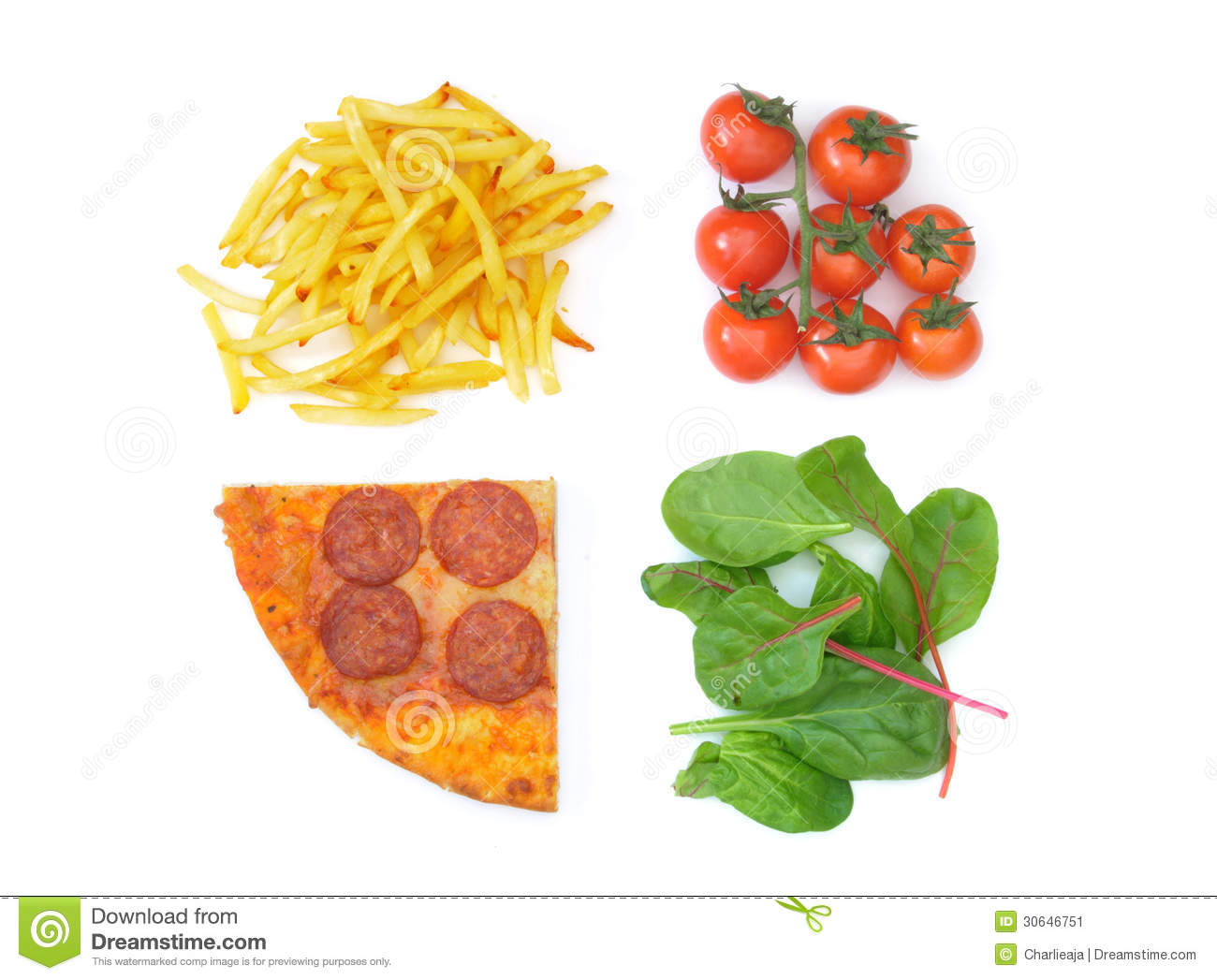 Fast Food Pizza And French Fries On One Side And Cherry Tomatoes And