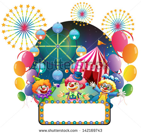 Illustration Of The Three Clowns In Front Of A Carnival With An Empty