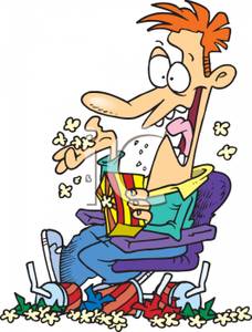Man Eating Popcorn In A Messy Theater   Royalty Free Clipart Picture