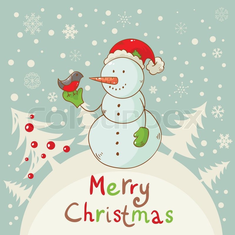 Merry Christmas Greeting Card With Cute Snowman   Vector   Colourbox
