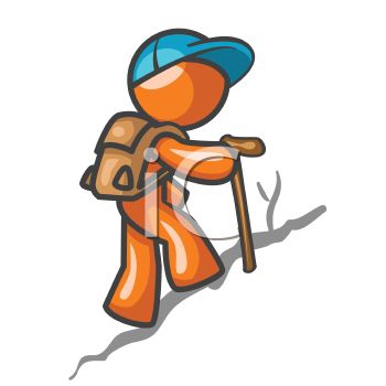 Orange Man Character Hiking Up A Hill   Royalty Free Clip Art Picture