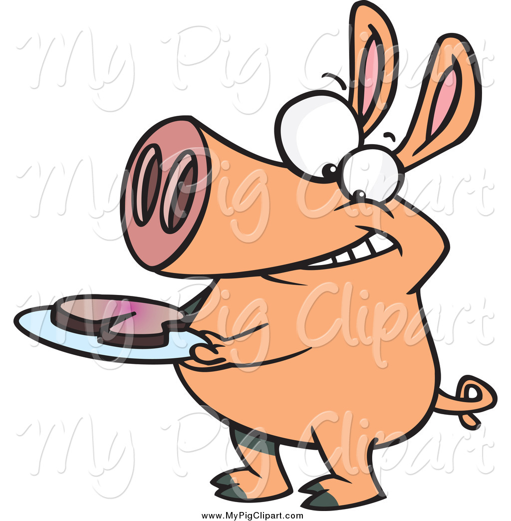 Swine Clipart Of A Hungry Pig With Meat On A Plate By Ron Leishman