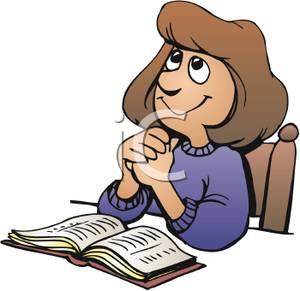Woman Reading Her Bible And Praying   Royalty Free Clipart Picture