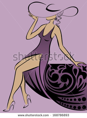 Beautiful Woman In A Hat And A Long Purple Lacy Dress   Stock Photo