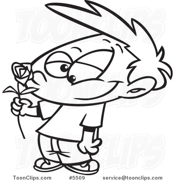 Cartoon Black And White Line Drawing Of A Boy Holding A Red Rose  5509