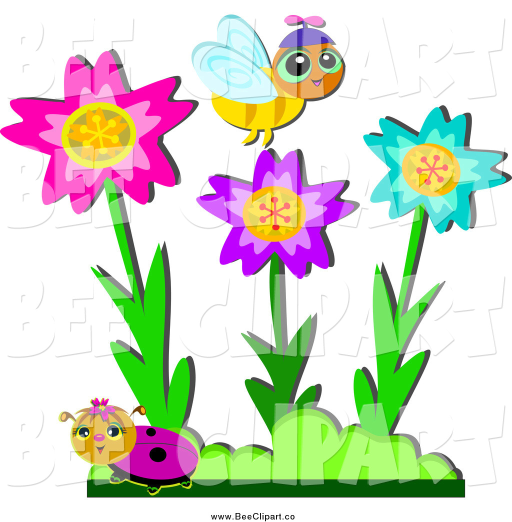 Clip Art Of A Bee And Ladybug With Colorful Flowers In A Garden By