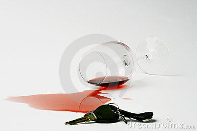 Spilled Red Wine And Cork In Background Concept For No Drunk Driving