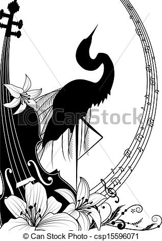 Vector Illustration With Violin And Heron In Black And White Colors