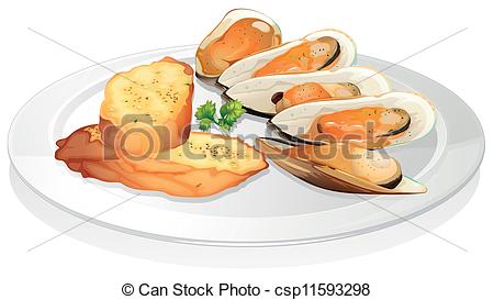 Eps Vectors Of Mussels And Garlic Bread   Illustration Of Mussels And
