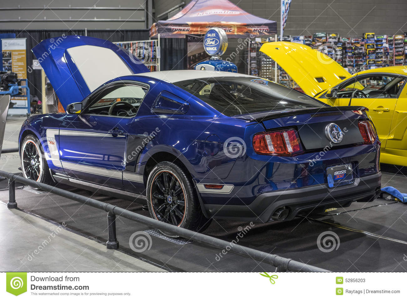 Rear Side View Of Blue Ford Mustang Boss 302 In Display At The