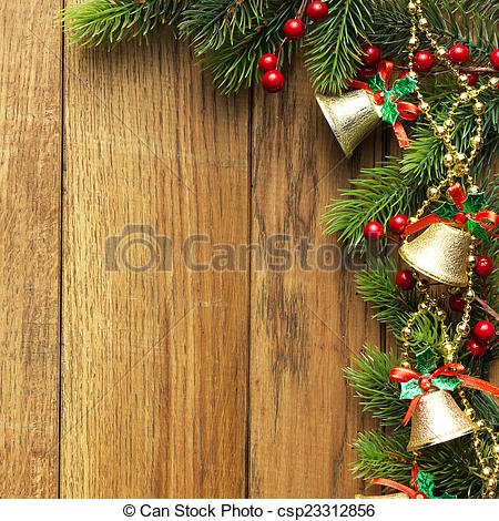 Stock Photo   Decorated Christmas Tree Border On Wood Paneling   Stock    
