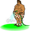 Wearing Boxer Shorts Watering His Lawn   Royalty Free Clipart Picture