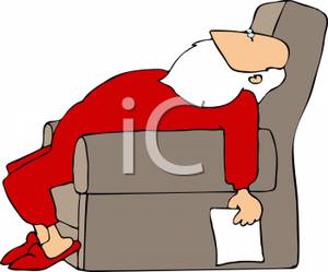 Cartoon Of A Santa Sleeping In A Chair Holding His Christmas Gift List