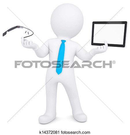 Clipart   3d Man Holding A Tablet Pc And Google Glass  Fotosearch