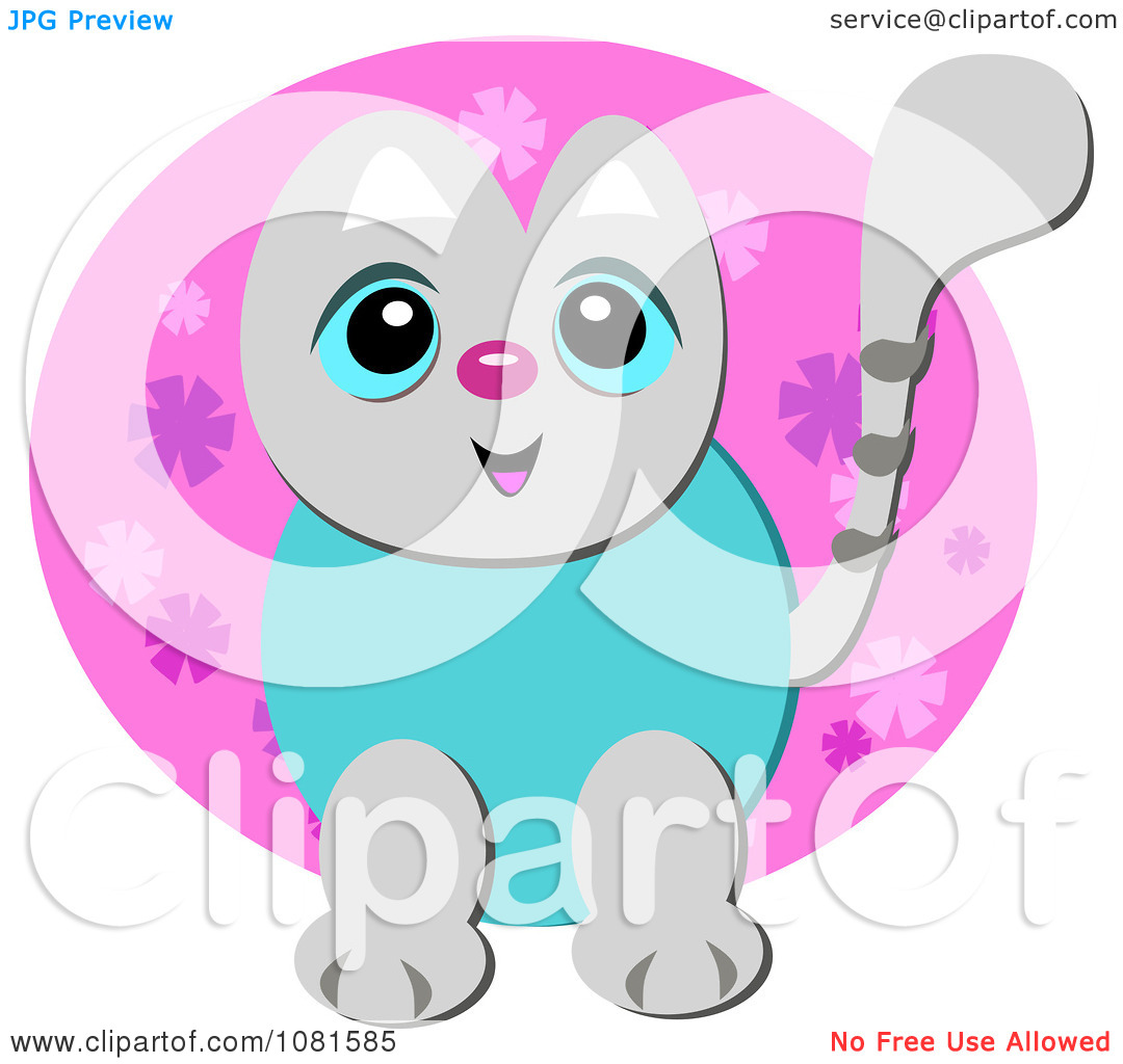 Clipart Gray And Blue Cat With A Pink Floral Circle   Royalty Free