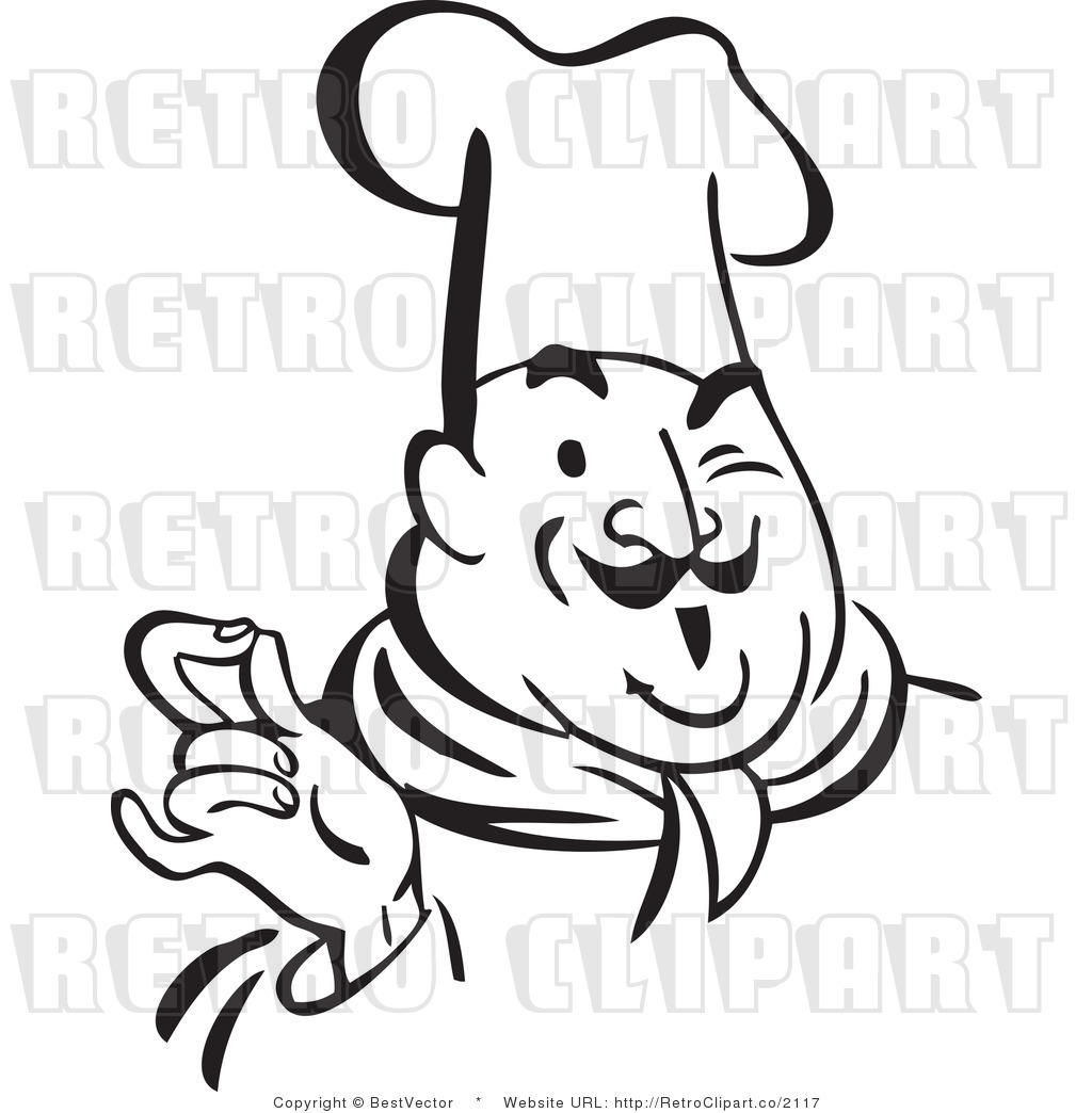 Royalty Free Black And White Retro Vector Clip Art Of A Chef Winking    