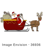 Santa And His Sacks In A Sleigh Being Pulled By His Reindeer Rudolph