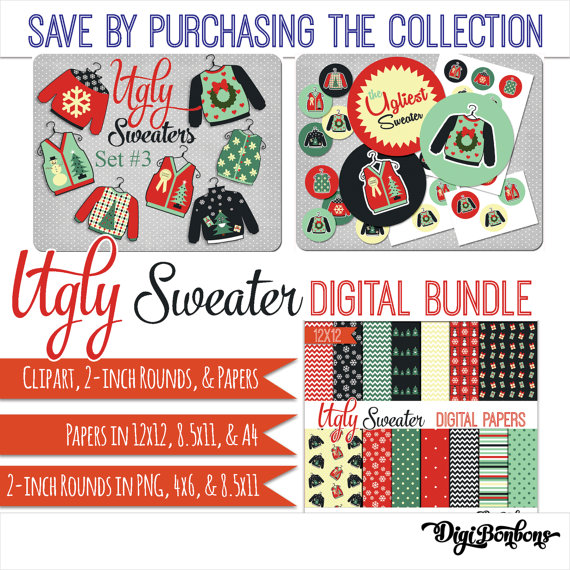 Ugly Christmas Sweater Clipart Bundle Instant Download Tacky Sweater
