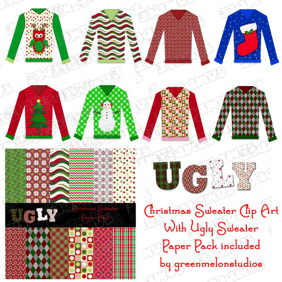 Ugly Christmas Sweater Party Clipart And Bonus Paper Pack Instant