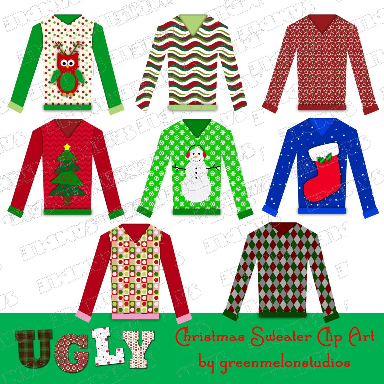 Ugly Christmas Sweater Party Clipart Instant By Greenmelonstudios