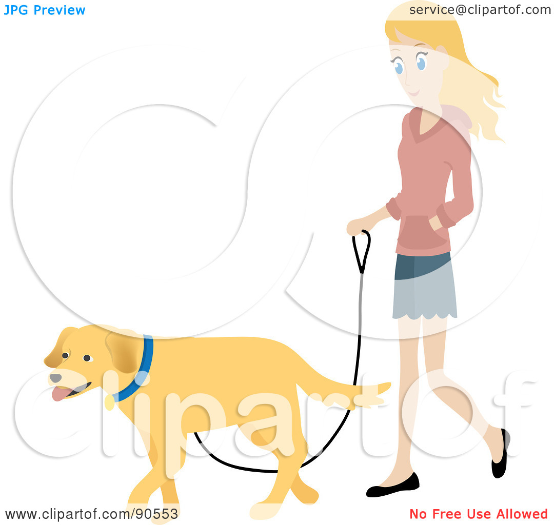 Woman Walking Her Golden Retriever Dog On A Leash By Rosie Piter