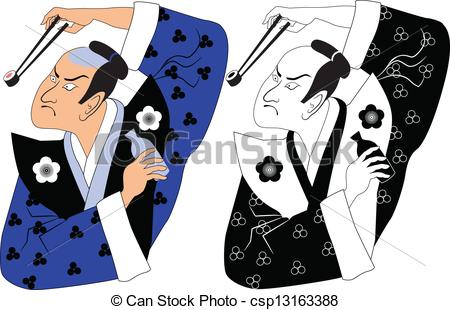 Black And White And Colored Versions Of A Samurai Holding A Sushi Roll