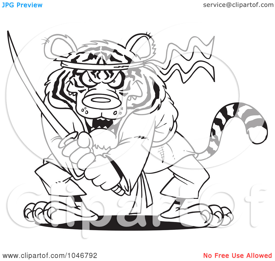     Cartoon Black And White Outline Design Of A Samurai Tiger With A Sword