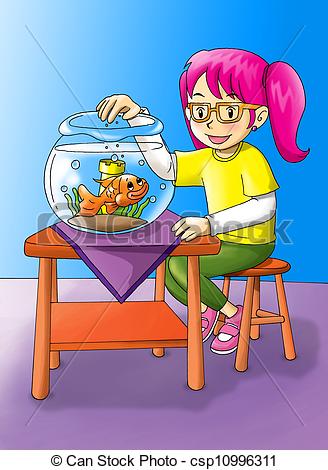 Clipart De Ni A Con Goldfish   Caricatura Ilustraci N Ni A Era